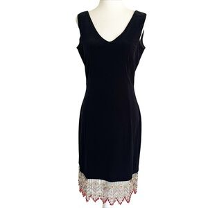 Jeffrey & Dara Velvet Dress Sz 8P Black Beaded Fringe Hem Evening Cocktail